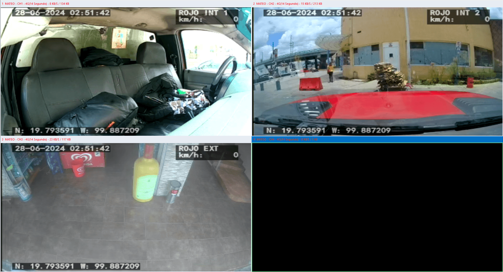 Four camera views showing the interior and surroundings of a vehicle with timestamps and GPS coordinates.